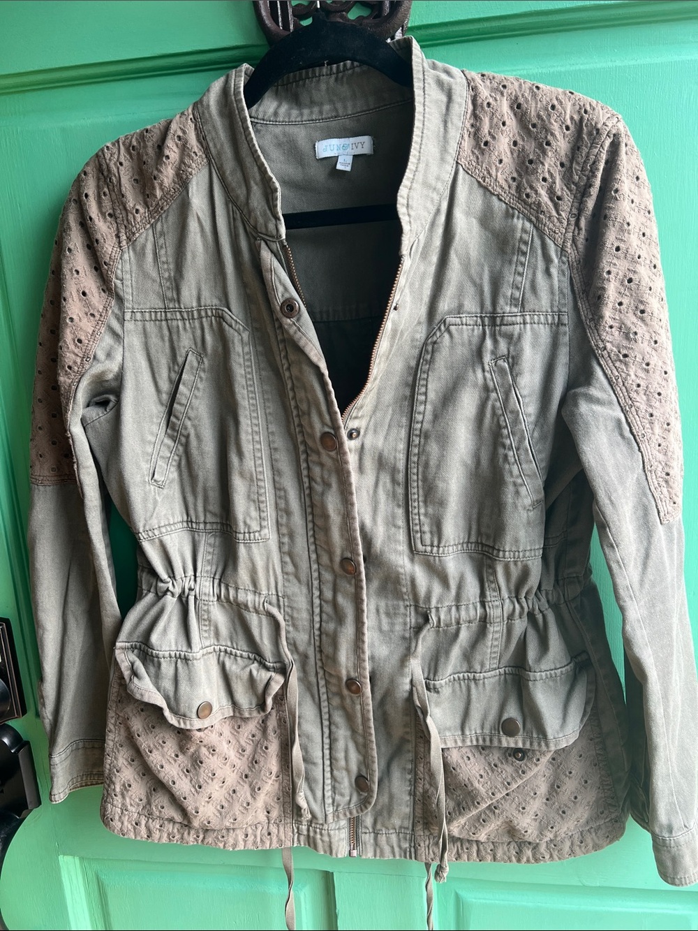 June & Ivy Utility Jacket with Eyelet Accents in Olive Green and Taupe / Large